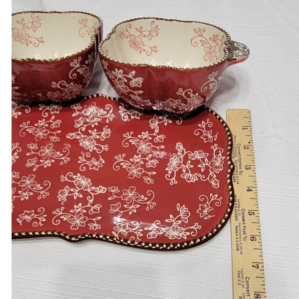 Serving Set Tray and 16oz Bowls Temp-tations Floral Lace Cranberry Red 3pc